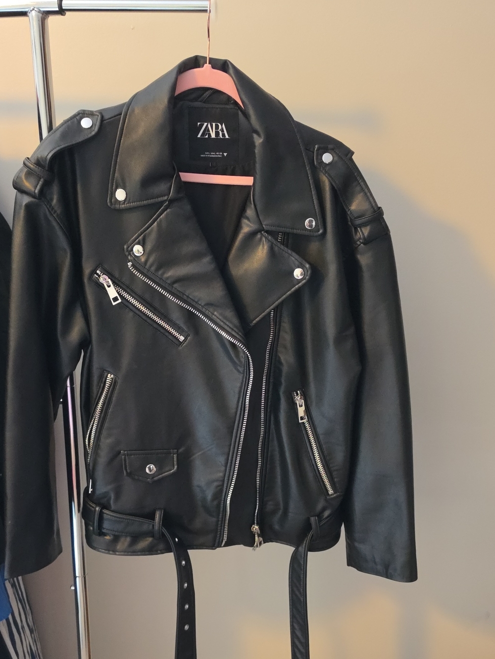 Zara Black Faux Leather Biker Jacket with Silver Hardware